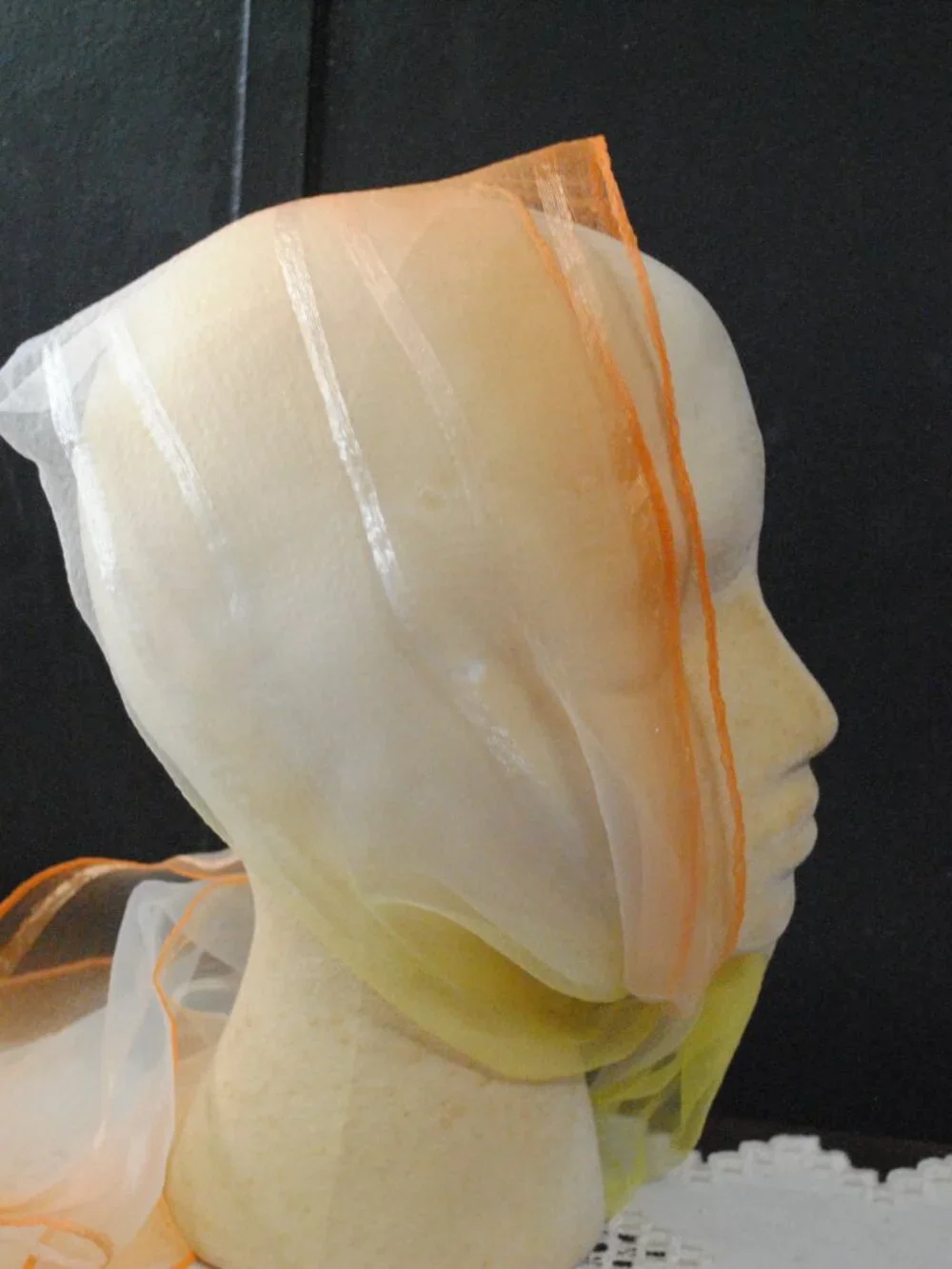 Flawed! Vintage Long Orange & Yellow Ombre Striped Sheer Chiffon Scarf
